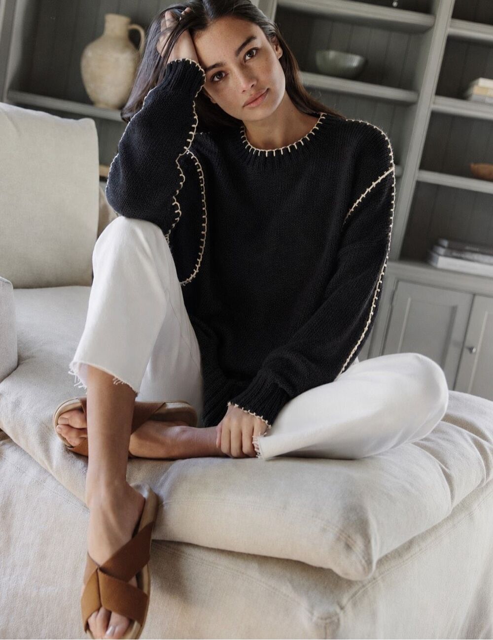 NWT Elizabeth James The Label Black Contrast Stitch Crewneck Sweater XS, $268